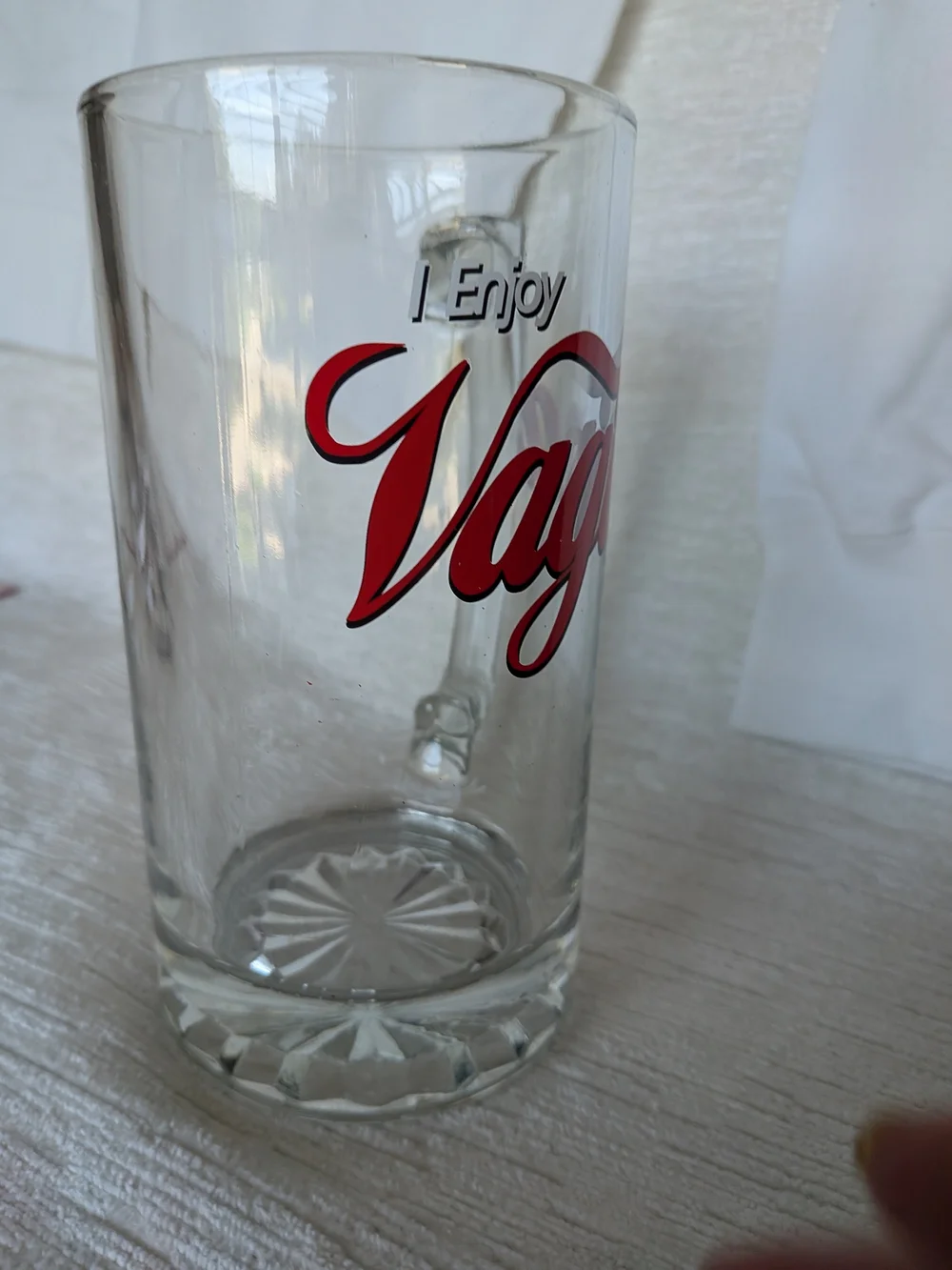 Clear Glass Beer Mug with Red Script Writing Gag Gift Theme Heavy Item 28 Oz
